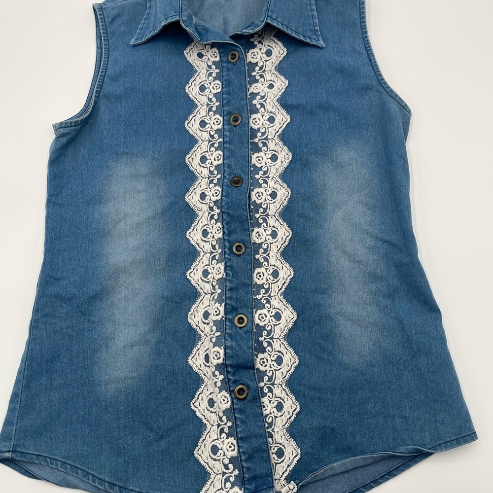 Denim Sleeveless Blouse with Lace Detail